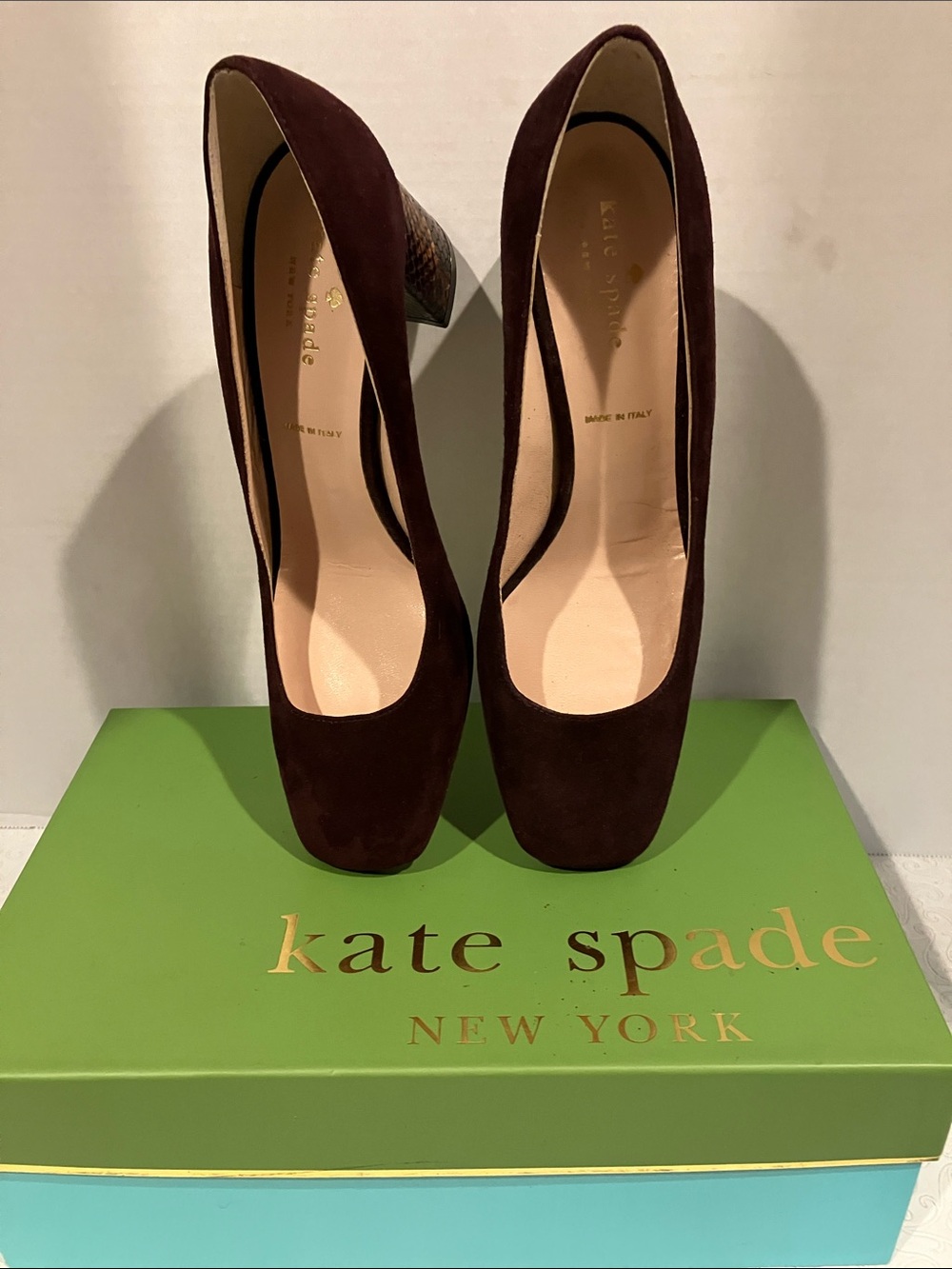 kate spade burgundy suede block heel pumps